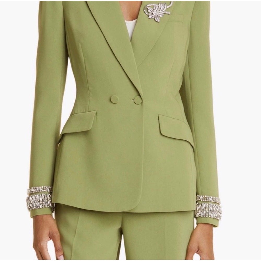 Cinq a Sept Pant Suit Set Green Crystal Embellished Amour Brooch Polyester Blend